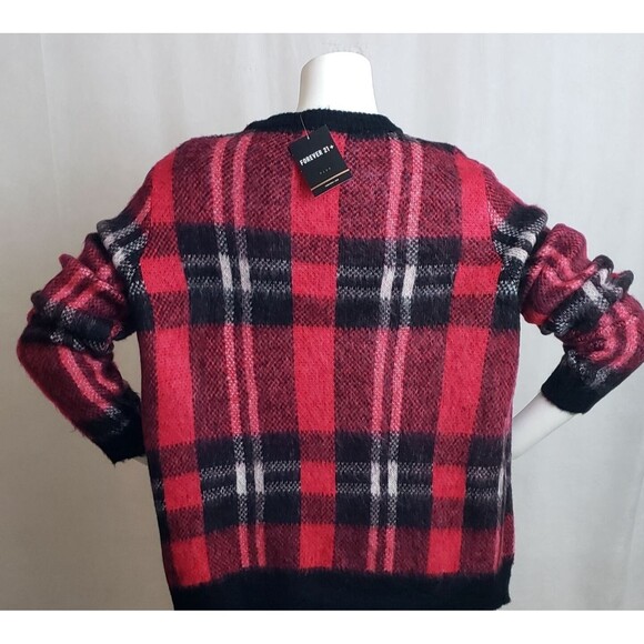 Forever 21 Womens Sweater Pullover Red Black Plaid 2X Cozy Christmas Holiday - Picture 3 of 4